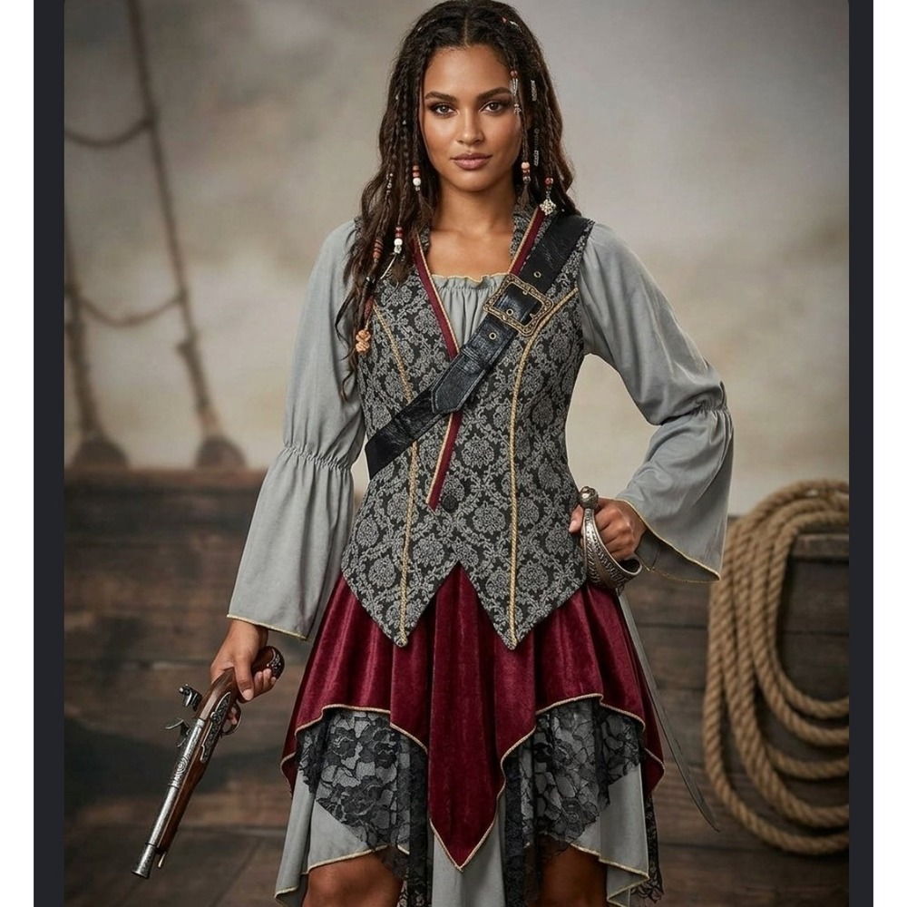 Spirit Halloween Womens Pirate Costume Dress Damask Vest Burgundy Lace Large